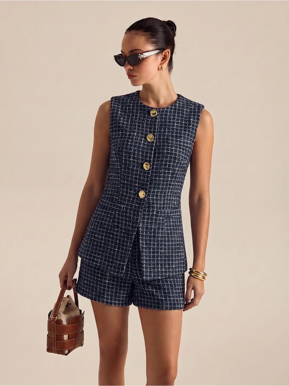 COMMENSE Navy Tweed Vest & Shorts Set Size S